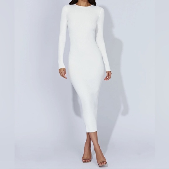 Meshki Rowen White Ribbed Knit Stretch Bodycon Form Fitting Midi Dress Large - Picture 1 of 6